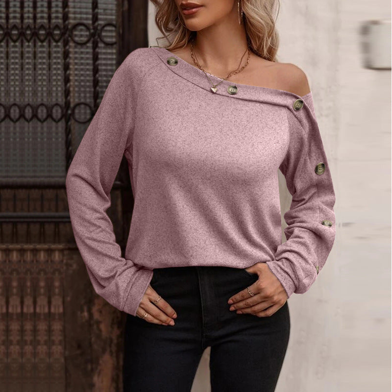 European And American New Women's Fashion Button Off Shoulder Top