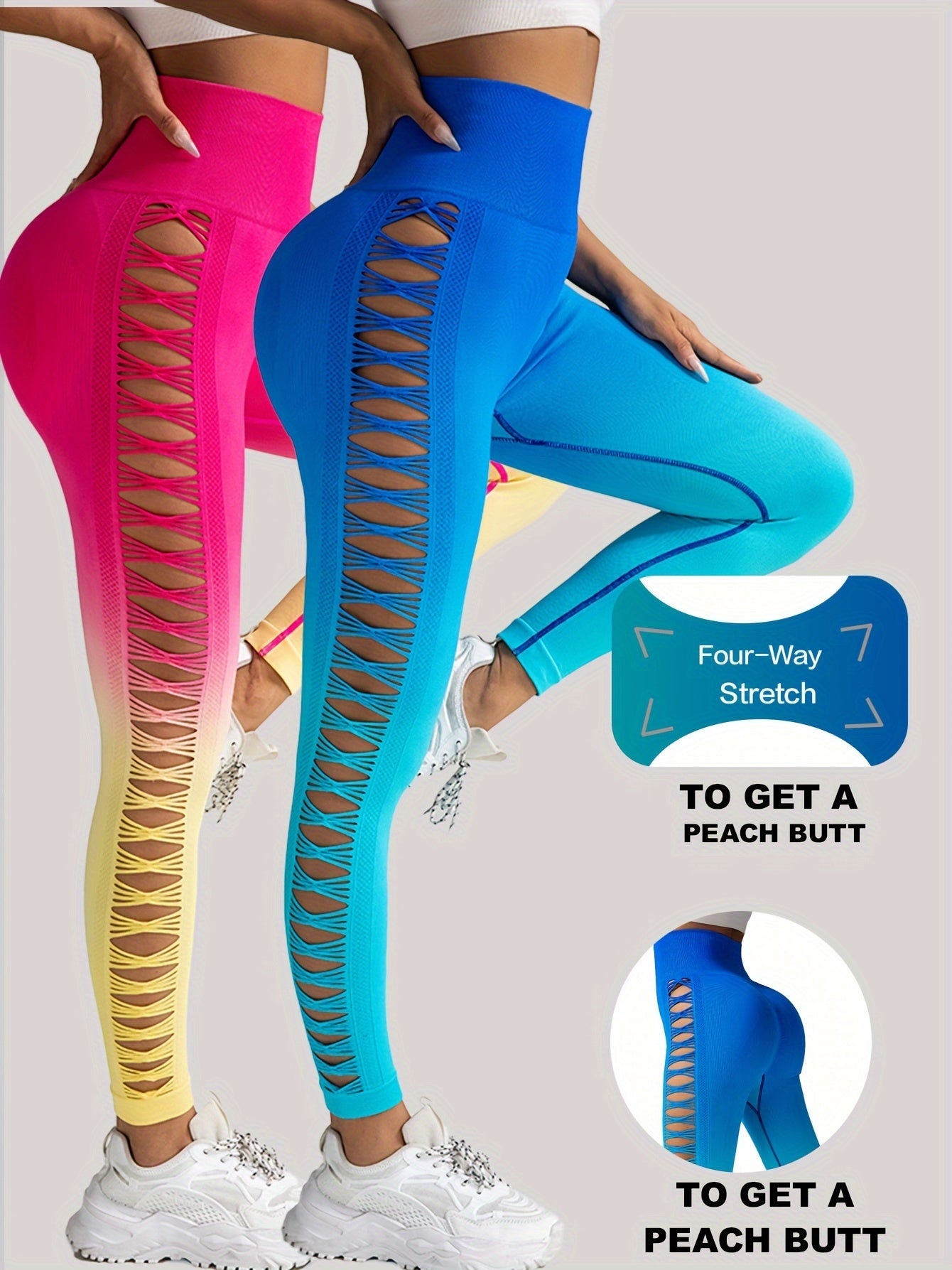 2 Pack Cut Out Ombre Gradient Color Hollow High-waist Butt-lifting Fitness Women's Yoga Pants, Women's High Waist Yoga Pants Cutout Ripped Super Soft And Comfortable Skinny