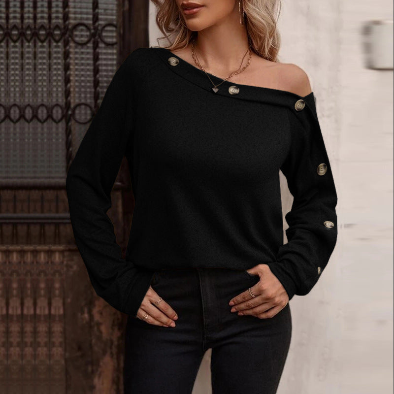 European And American New Women's Fashion Button Off Shoulder Top