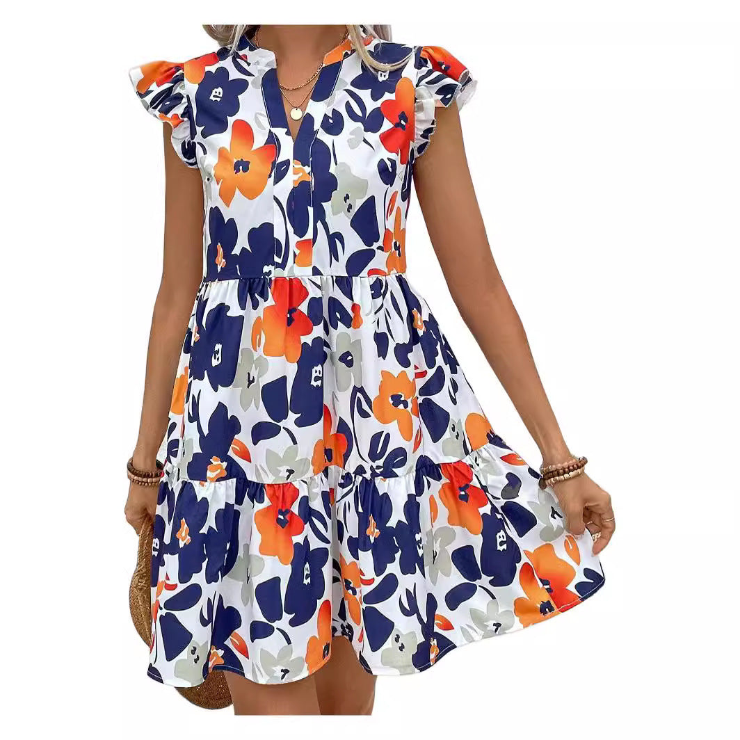 Printed Ruffled Hem Notched Collar Mini Bay Sleeve Dress