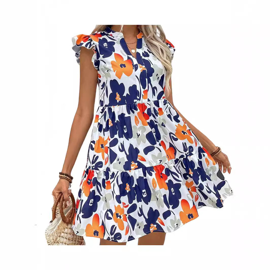 Printed Ruffled Hem Notched Collar Mini Bay Sleeve Dress