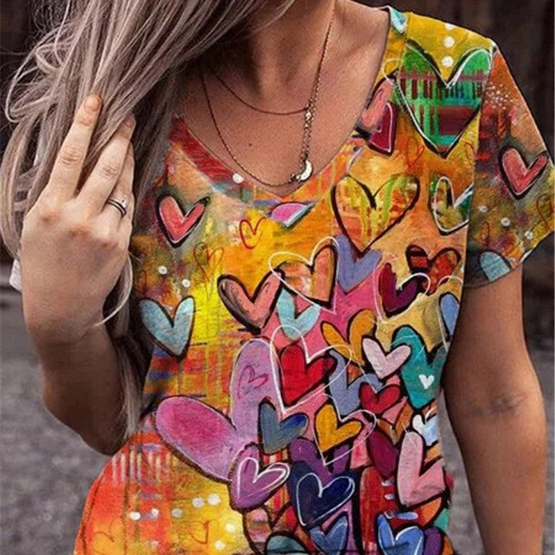 Personalized Printed V-neck Short Sleeved Loose Fitting