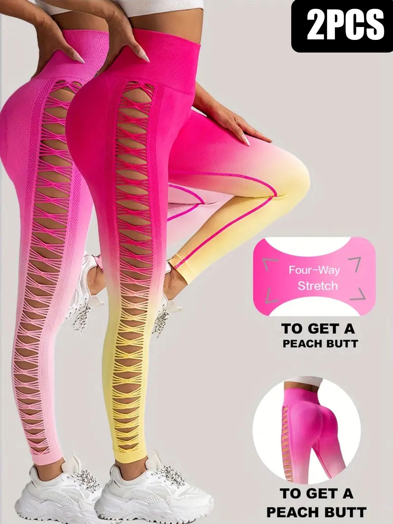 2 Pack Cut Out Ombre Gradient Color Hollow High-waist Butt-lifting Fitness Women's Yoga Pants, Women's High Waist Yoga Pants Cutout Ripped Super Soft And Comfortable Skinny