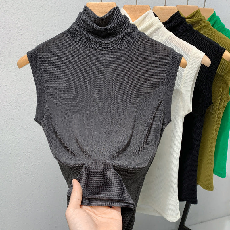 Ladies New Turtleneck Grenadine Solid Color Waist Tight Sleeveless Top