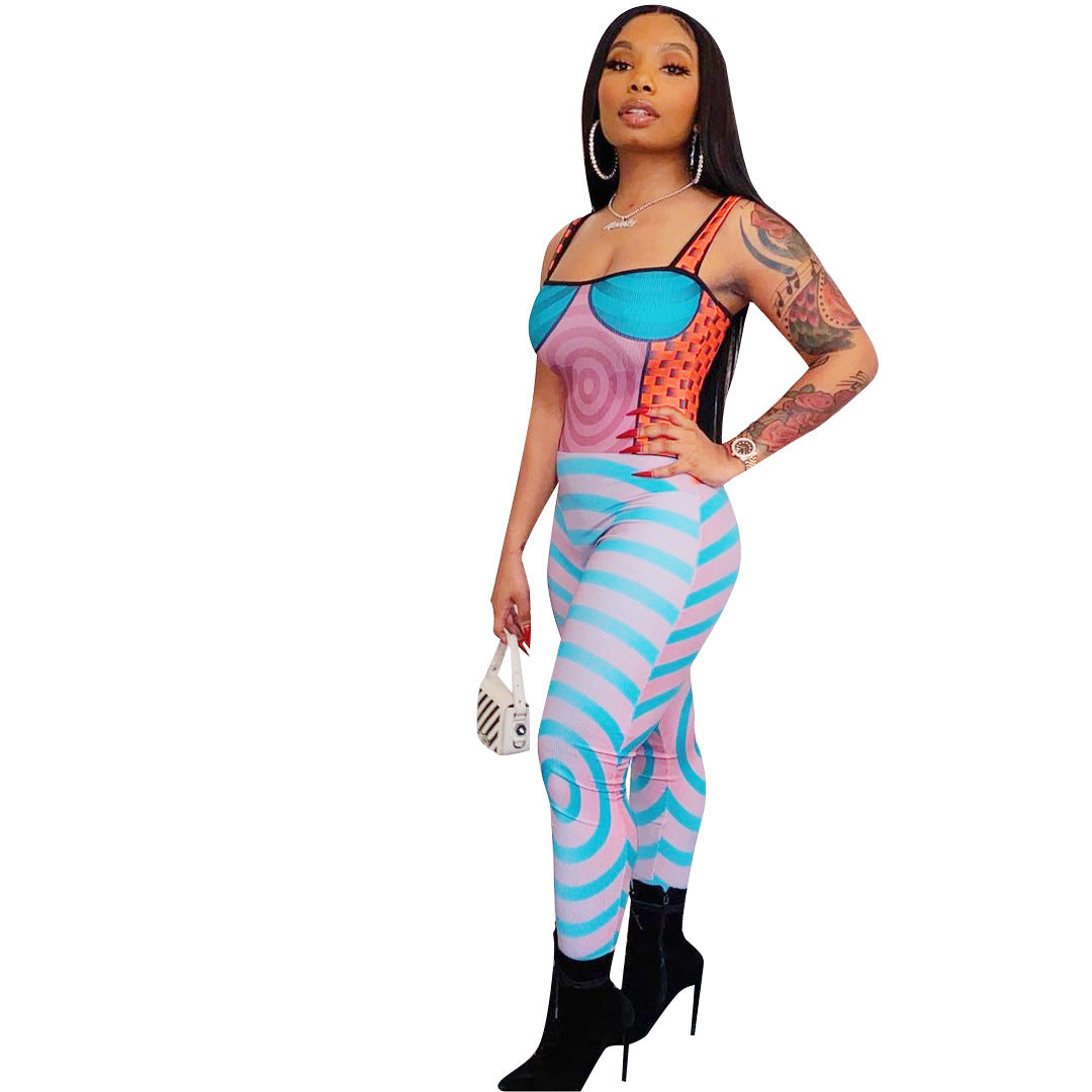 Beautiful Women'S Spot New Spring Style Sling Print Tight Sexy Jumpsuit