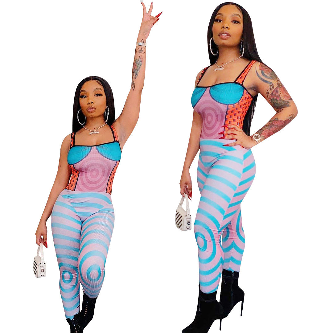 Beautiful Women'S Spot New Spring Style Sling Print Tight Sexy Jumpsuit