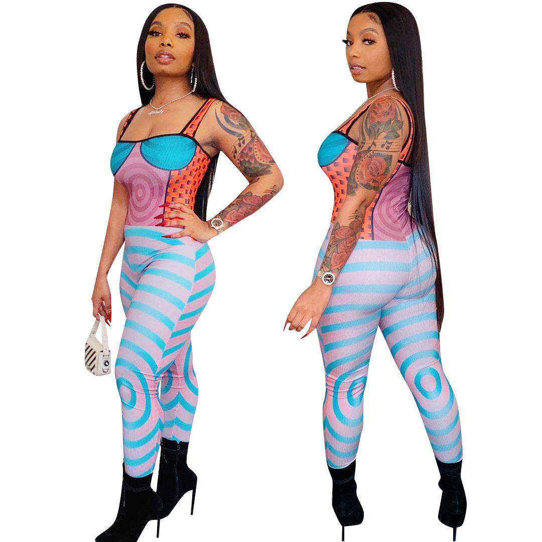 Beautiful Women'S Spot New Spring Style Sling Print Tight Sexy Jumpsuit