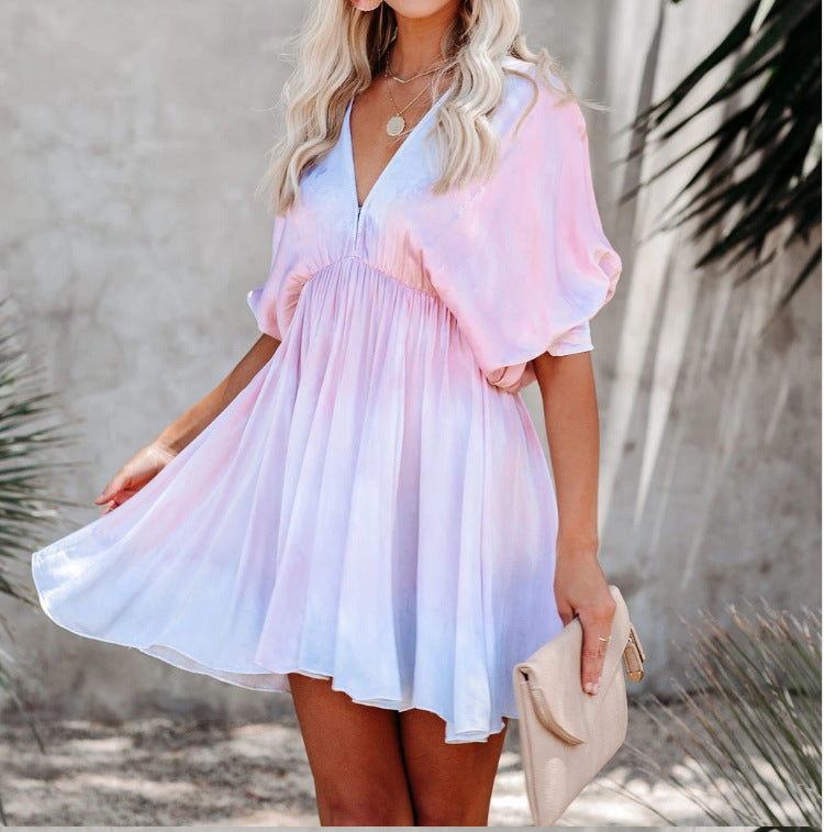 European And American Cross-Border Exclusive For Summer Tie-Dye Deep V Loose Sexy Big Swing Bat Sleeve Short Dress Factory Outlet