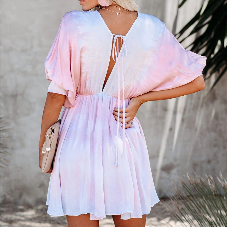 European And American Cross-Border Exclusive For Summer Tie-Dye Deep V Loose Sexy Big Swing Bat Sleeve Short Dress Factory Outlet