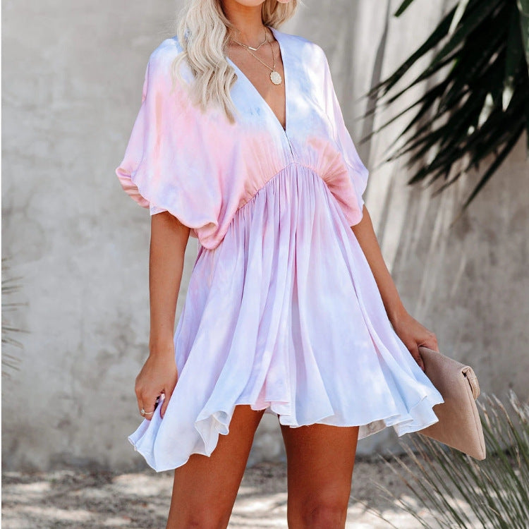 European And American Cross-Border Exclusive For Summer Tie-Dye Deep V Loose Sexy Big Swing Bat Sleeve Short Dress Factory Outlet