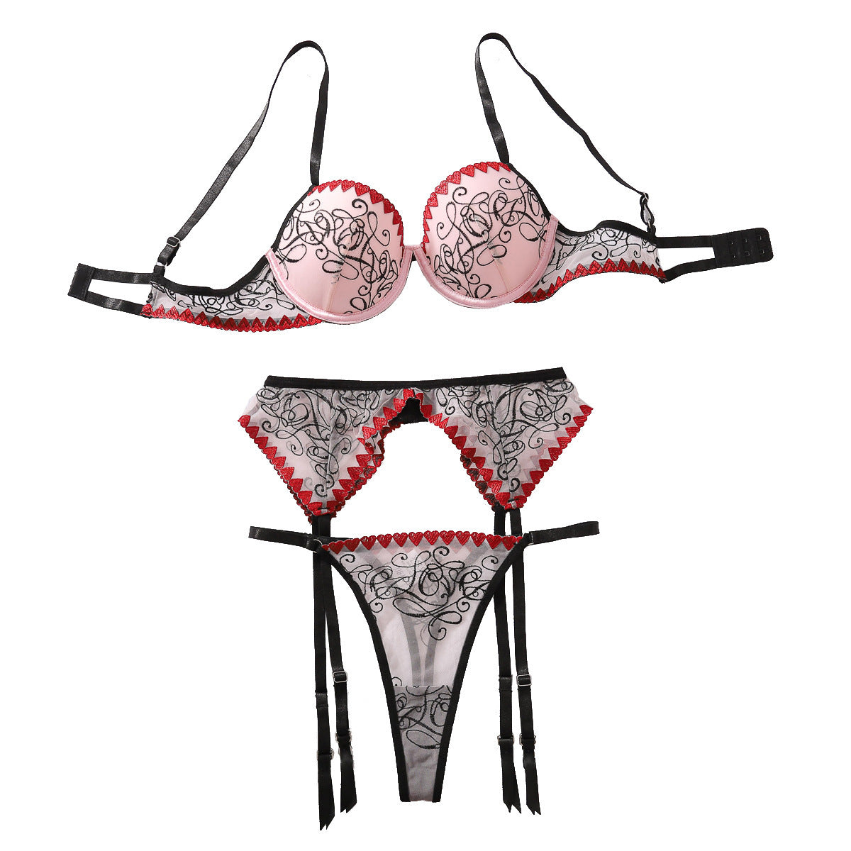 Push Up Bra Set Contrast Color Splicing See-through Three-piece Set For Women