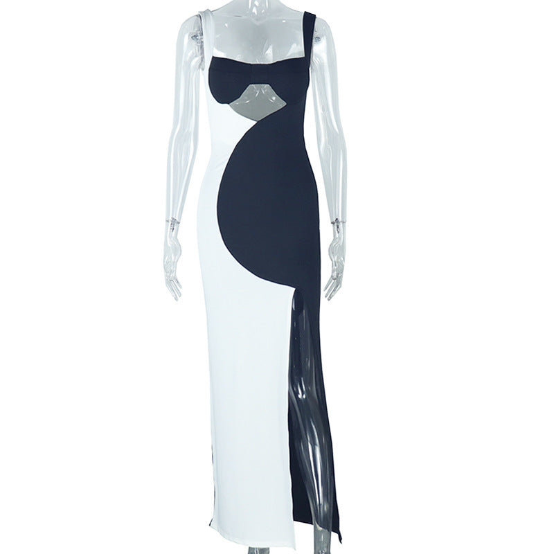 Women's Wear Black And White Color Matching Backless Slip Dress Pleated Sleeveless Collarless Split Length Dress