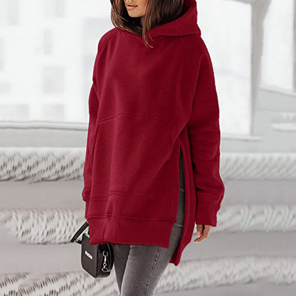 Women's Solid Round Neck Loose Pocket Plush Hoodie