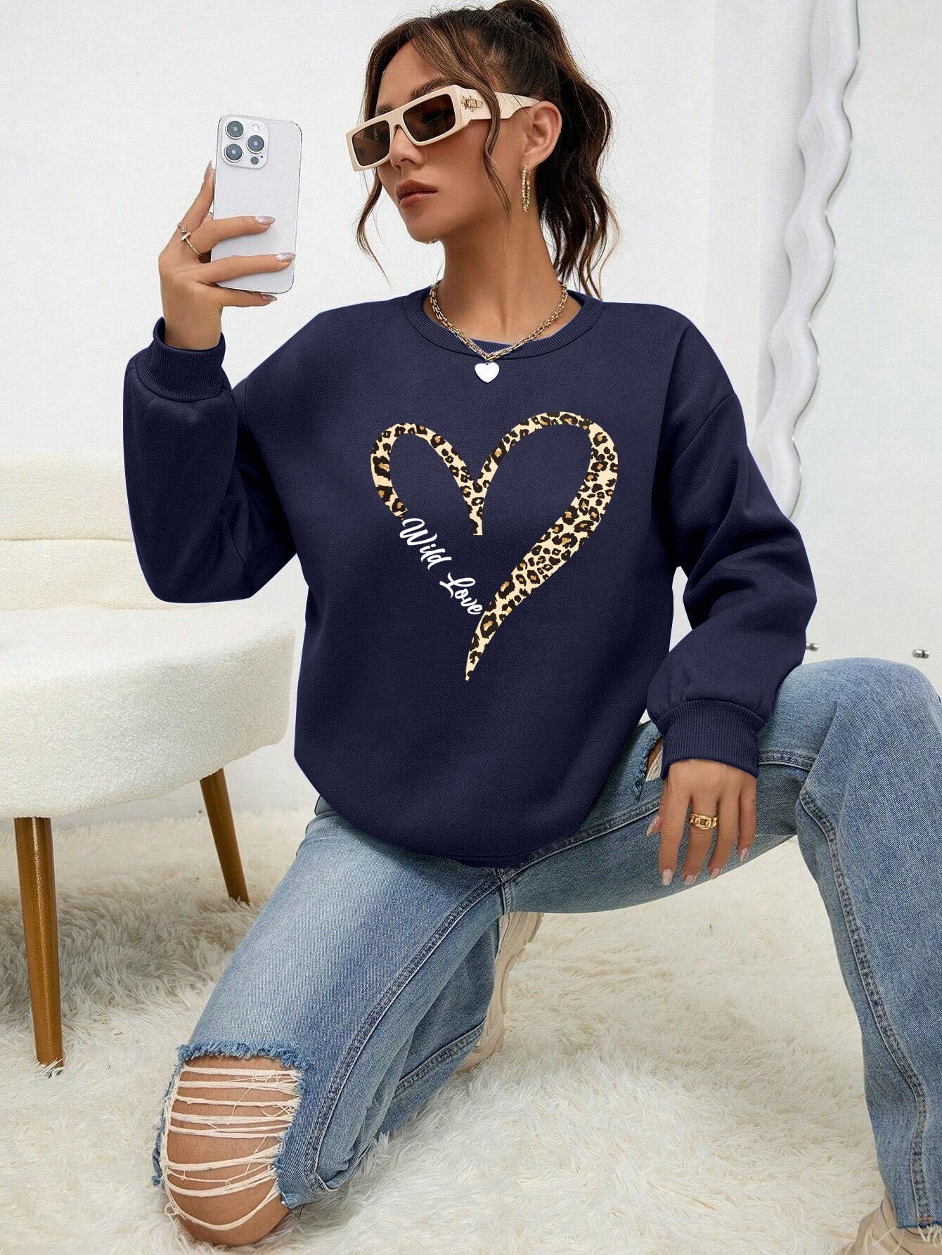 Leopard Wild Heart Pattern Print Female Sweatshirt Set Fur-L