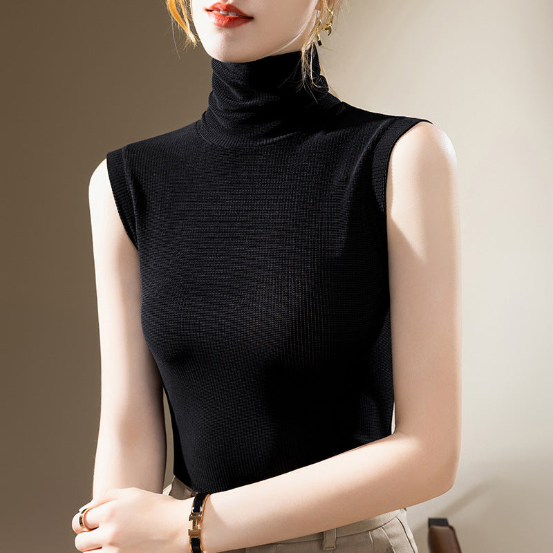 Ladies New Turtleneck Grenadine Solid Color Waist Tight Sleeveless Top