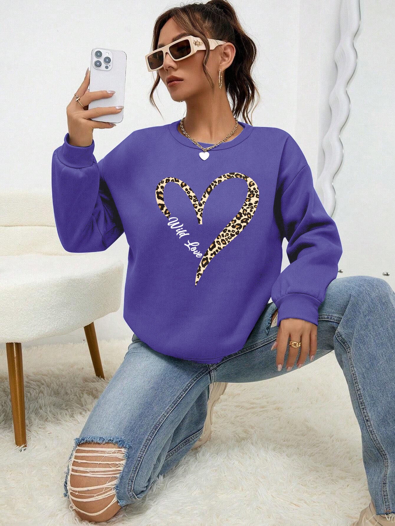 Leopard Wild Heart Pattern Print Female Sweatshirt Set Fur-L