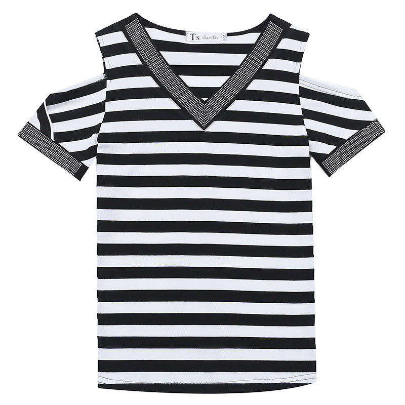 T-shirt sexy off shoulder shiny v-neck diamond