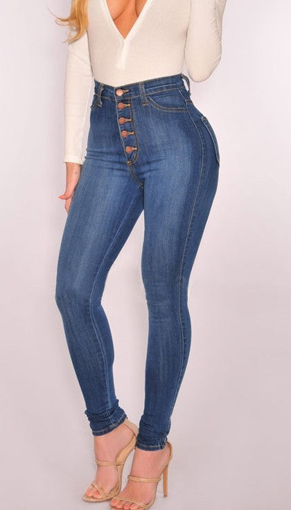 Women's five buckle high waist stretch slim denim pants