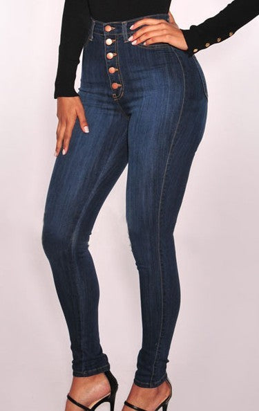 Women's five buckle high waist stretch slim denim pants
