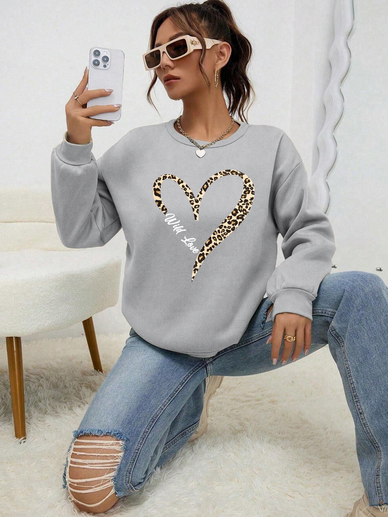 Leopard Wild Heart Pattern Print Female Sweatshirt Set Fur-L