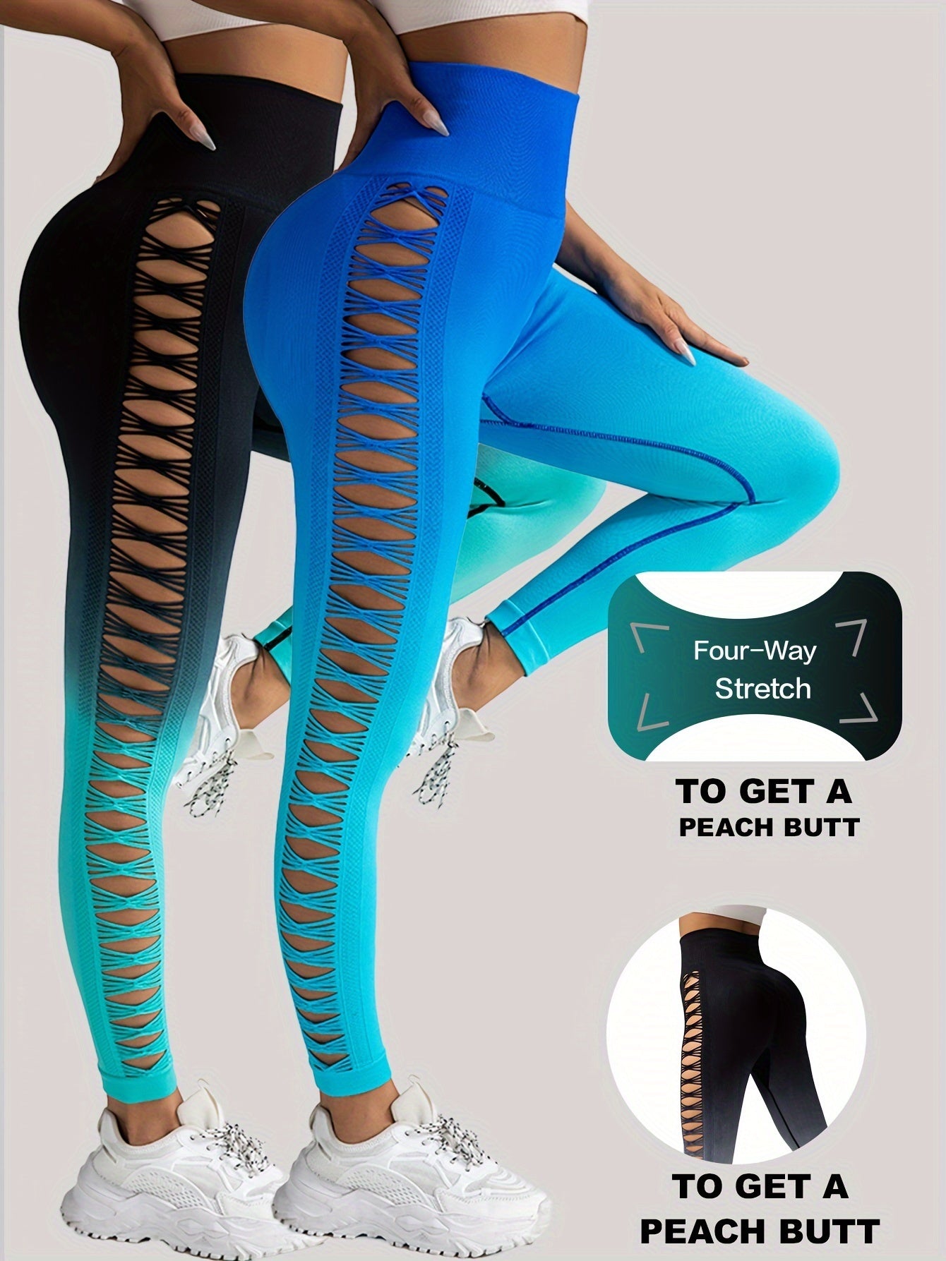 2 Pack Cut Out Ombre Gradient Color Hollow High-waist Butt-lifting Fitness Women's Yoga Pants, Women's High Waist Yoga Pants Cutout Ripped Super Soft And Comfortable Skinny