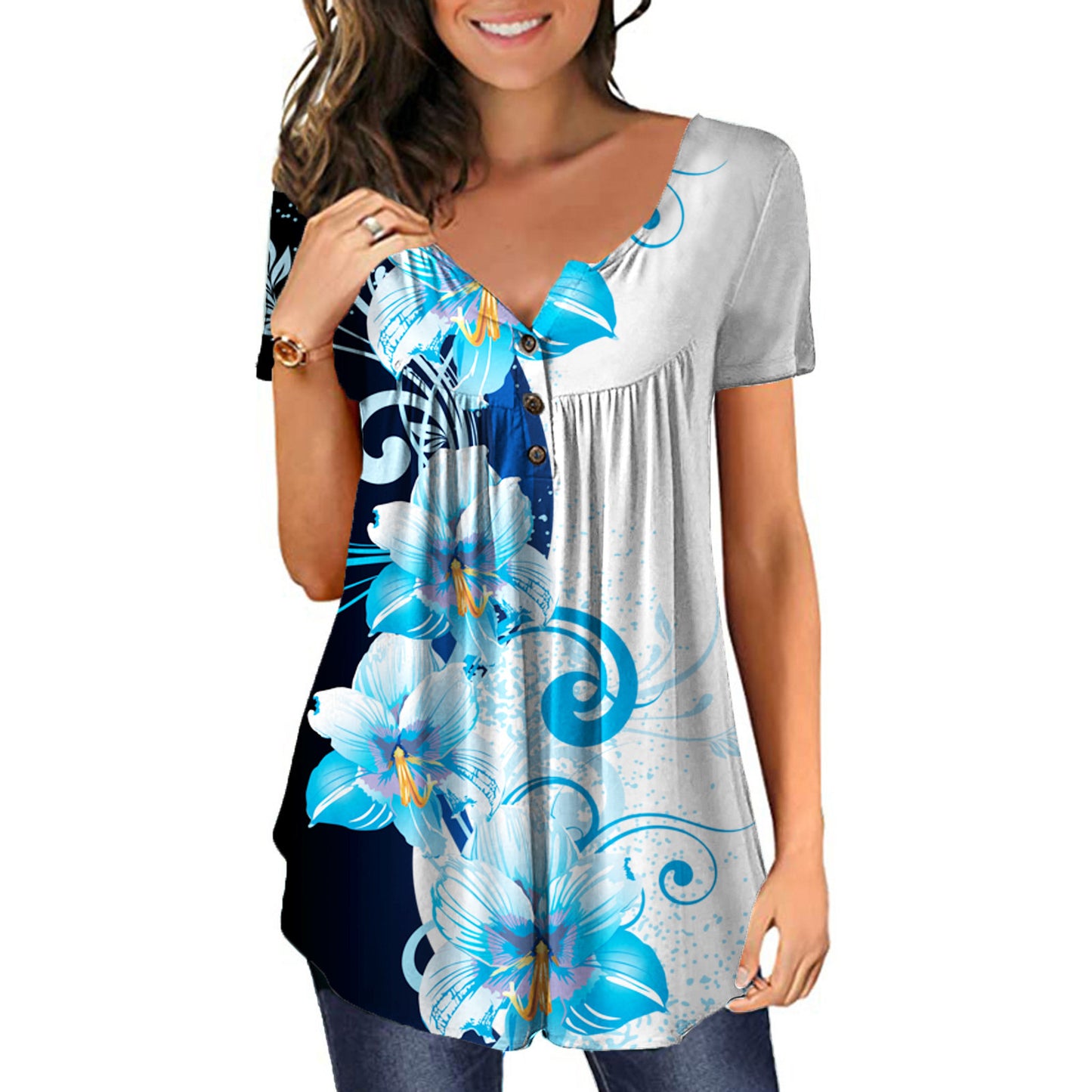 New Plus Size Printed Deep V Pullover Women's T-Shirt