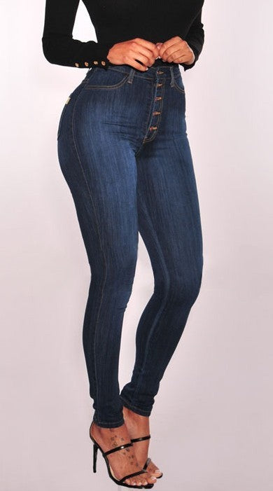 Women's five buckle high waist stretch slim denim pants