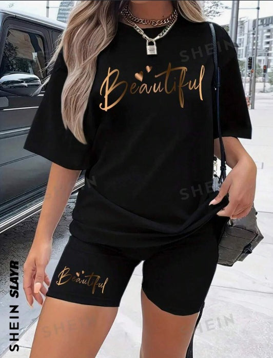 Women's Round Neck Short Sleeve Letter Printed Top And Shorts Set
