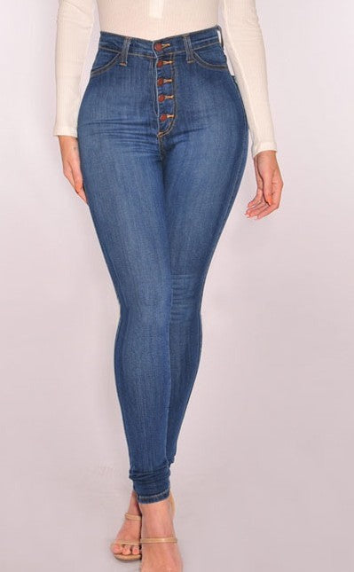 Women's five buckle high waist stretch slim denim pants