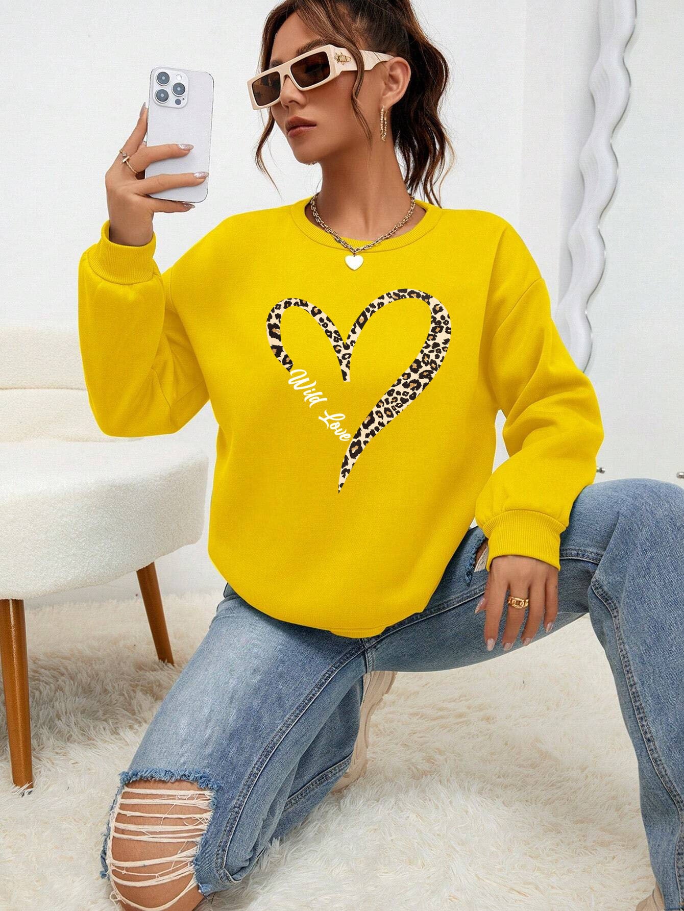 Leopard Wild Heart Pattern Print Female Sweatshirt Set Fur-L