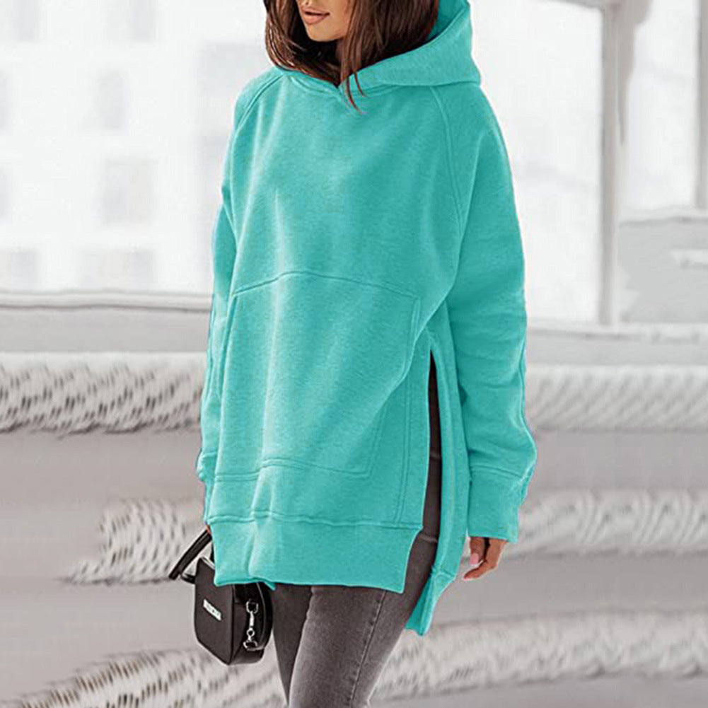 Women's Solid Round Neck Loose Pocket Plush Hoodie