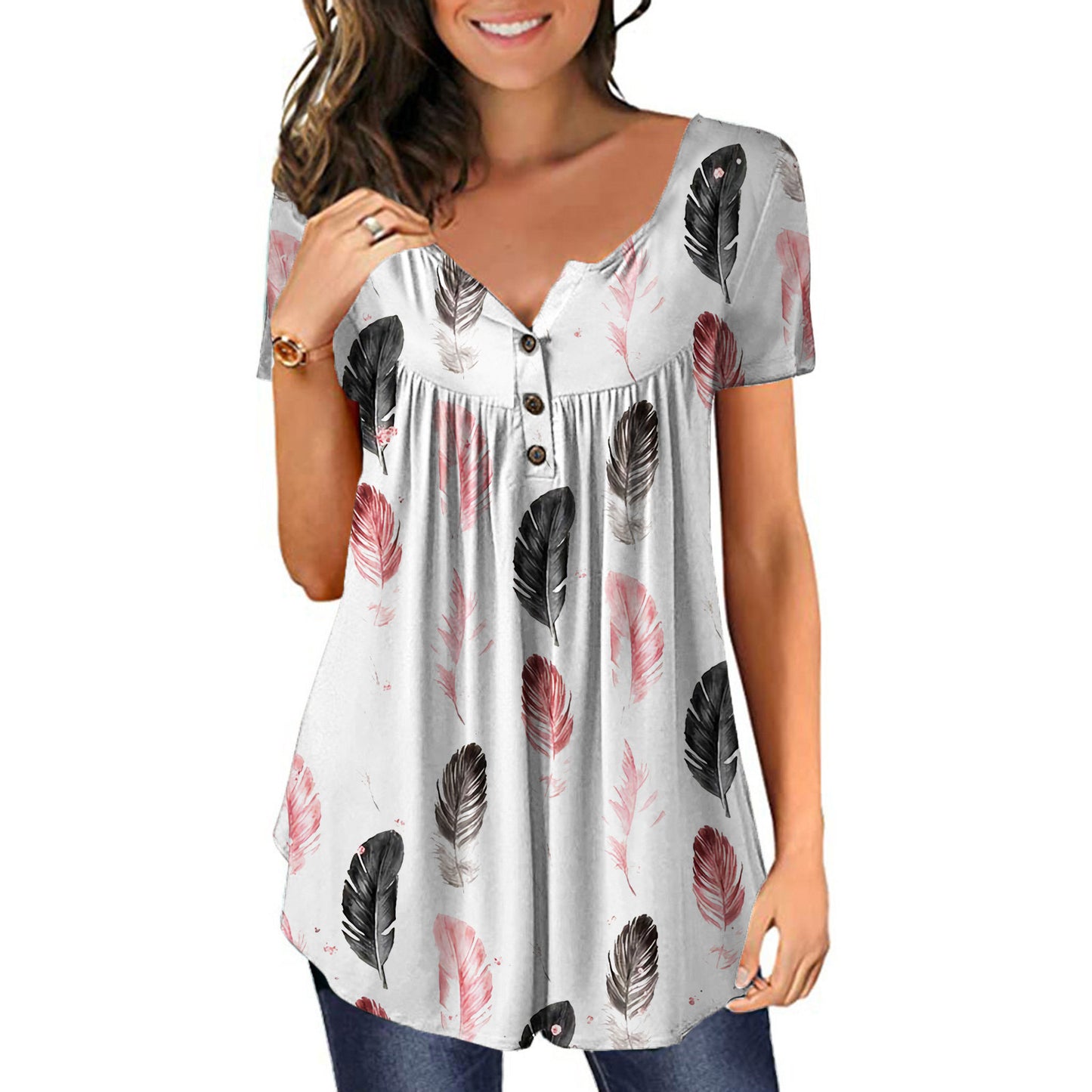 New Plus Size Printed Deep V Pullover Women's T-Shirt