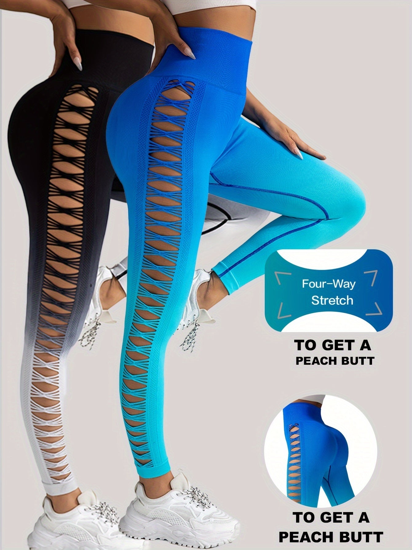 2 Pack Cut Out Ombre Gradient Color Hollow High-waist Butt-lifting Fitness Women's Yoga Pants, Women's High Waist Yoga Pants Cutout Ripped Super Soft And Comfortable Skinny