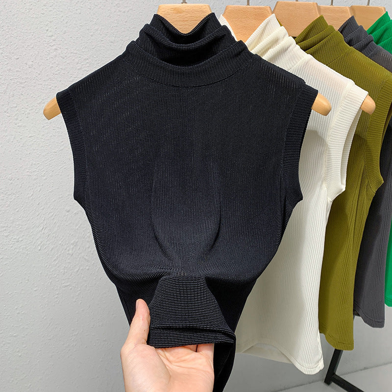 Ladies New Turtleneck Grenadine Solid Color Waist Tight Sleeveless Top