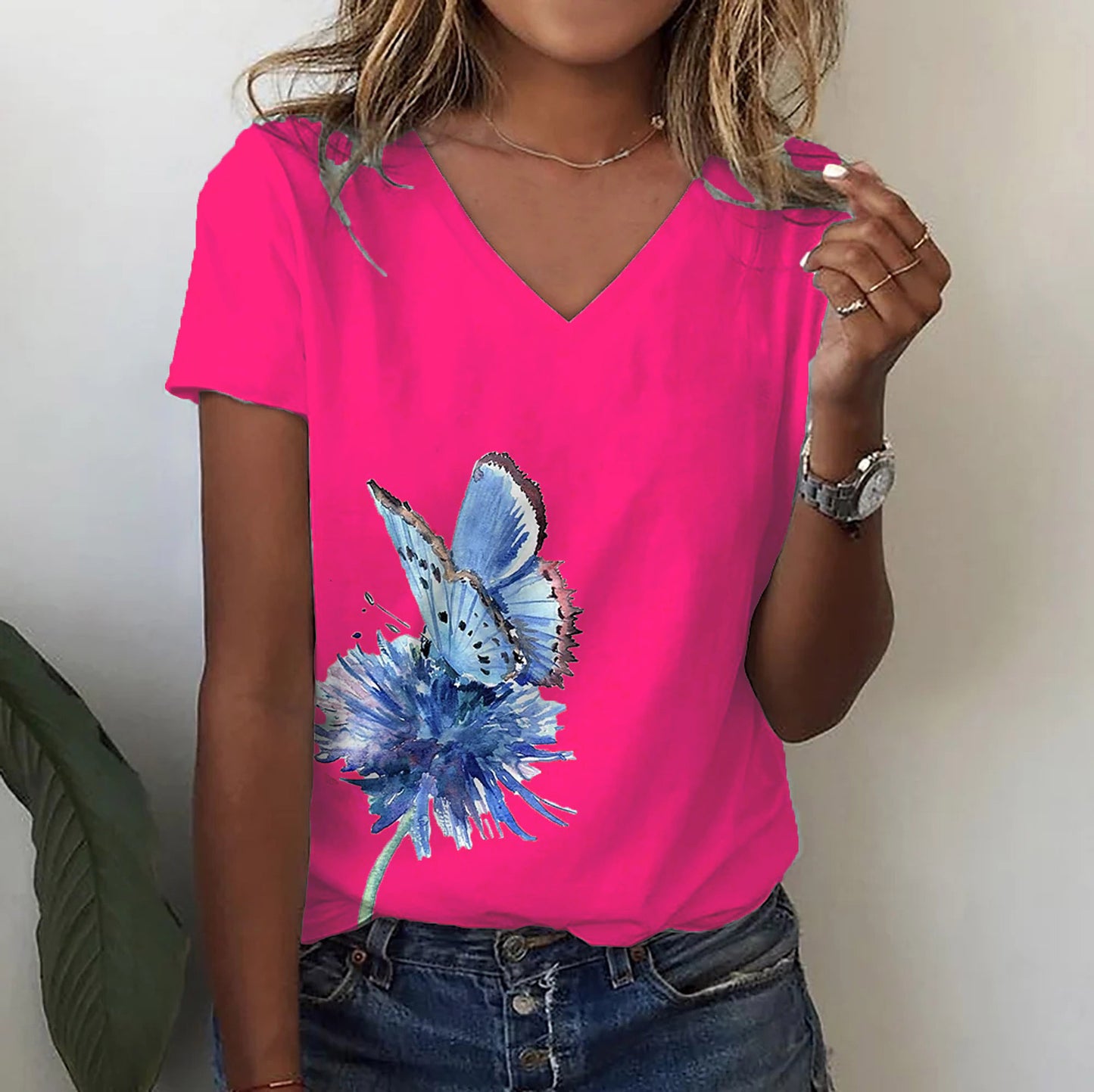 Fashion Butterfly Print Amazon V-neck Short Sleeve