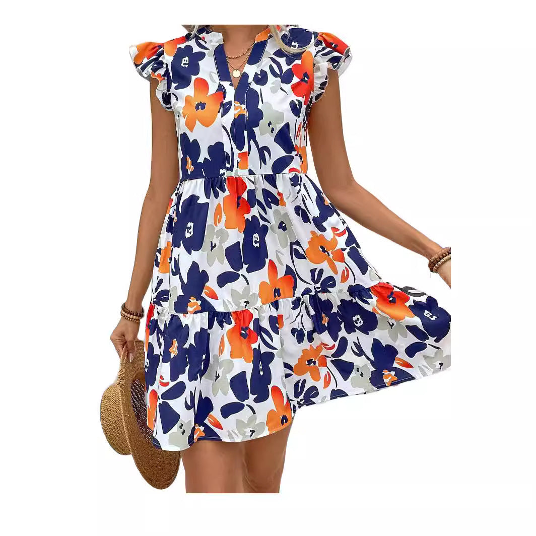 Printed Ruffled Hem Notched Collar Mini Bay Sleeve Dress