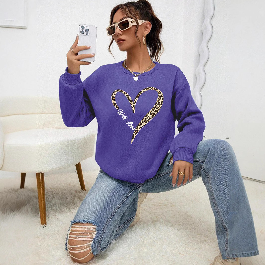 Leopard Wild Heart Pattern Print Female Sweatshirt Set Fur-L