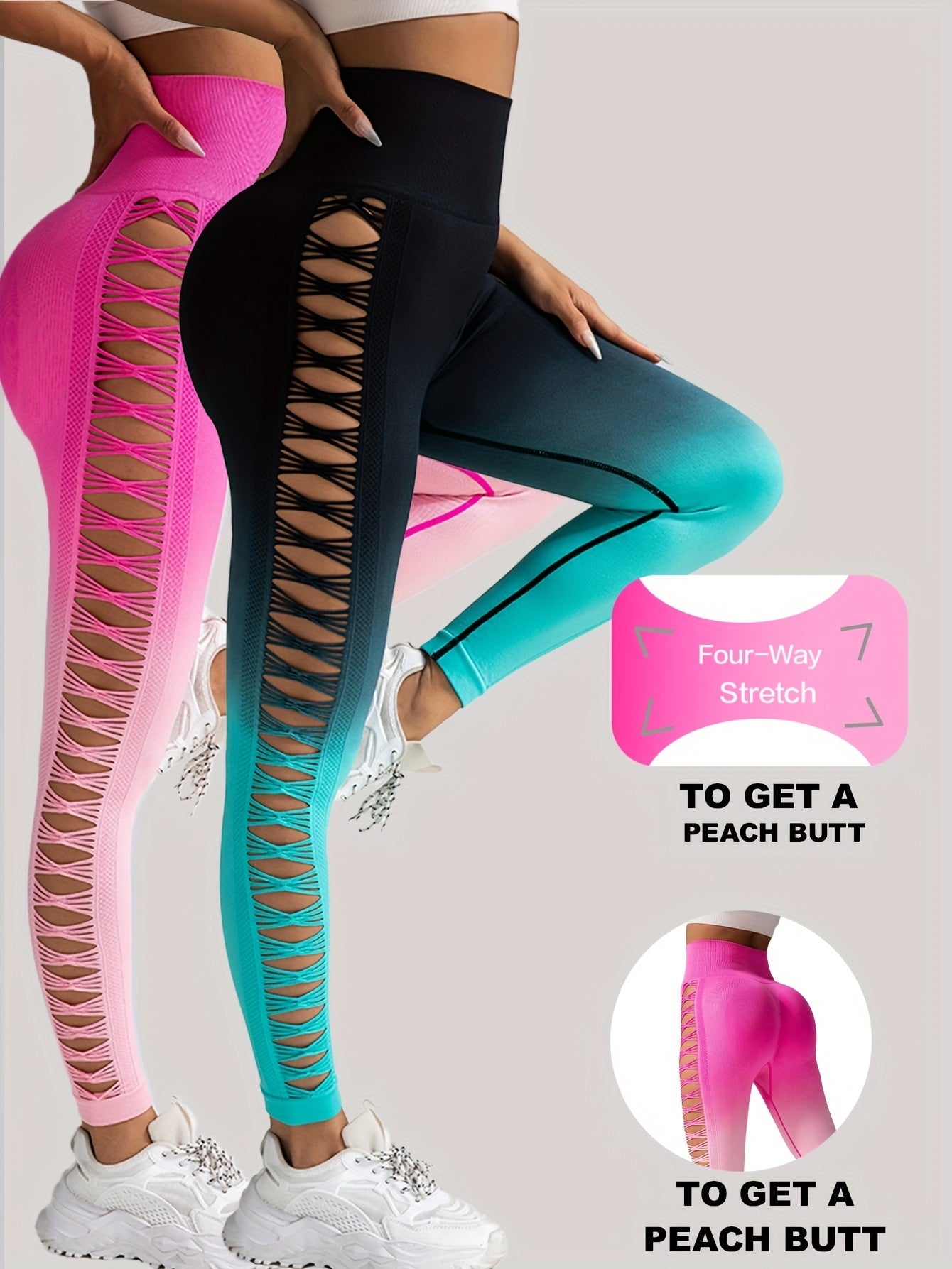 2 Pack Cut Out Ombre Gradient Color Hollow High-waist Butt-lifting Fitness Women's Yoga Pants, Women's High Waist Yoga Pants Cutout Ripped Super Soft And Comfortable Skinny