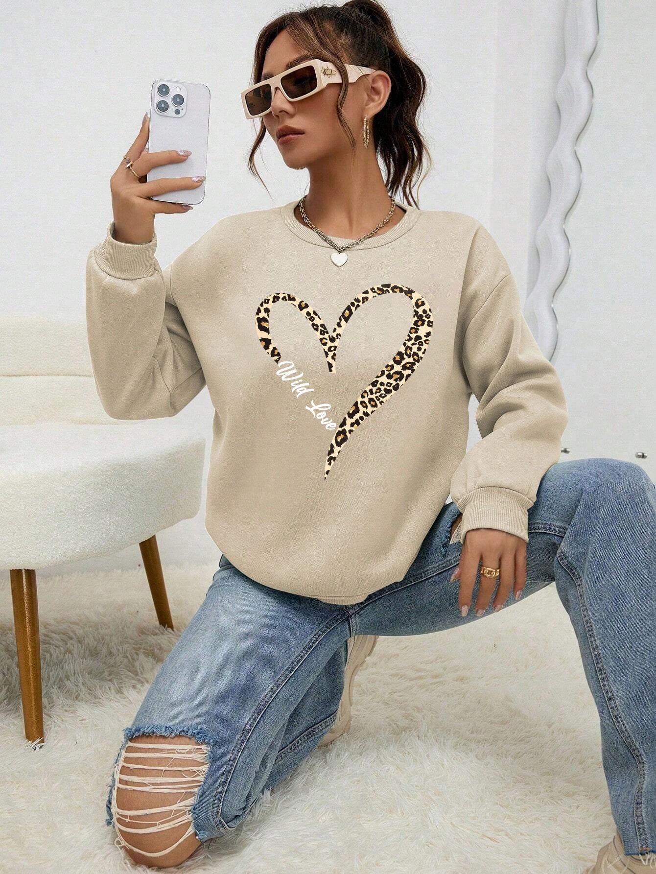 Leopard Wild Heart Pattern Print Female Sweatshirt Set Fur-L