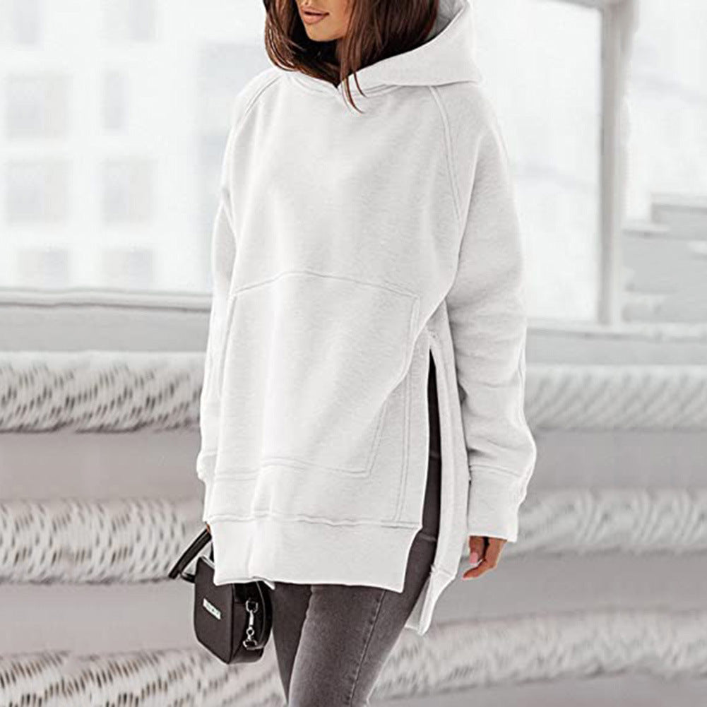 Women's Solid Round Neck Loose Pocket Plush Hoodie
