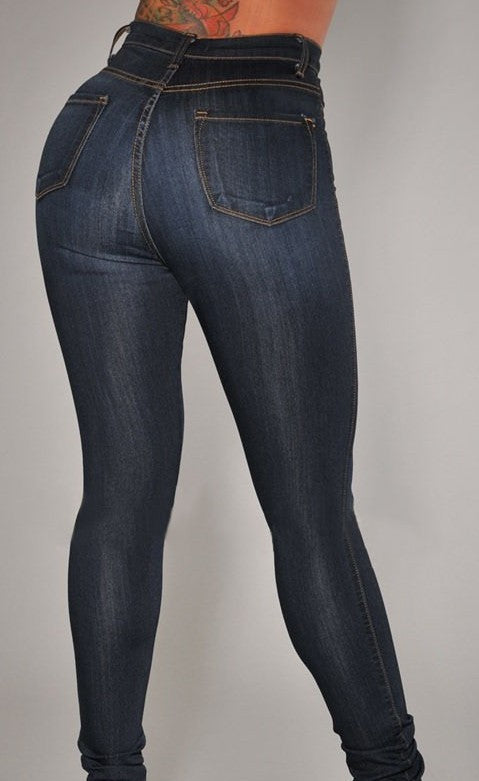 Women's five buckle high waist stretch slim denim pants