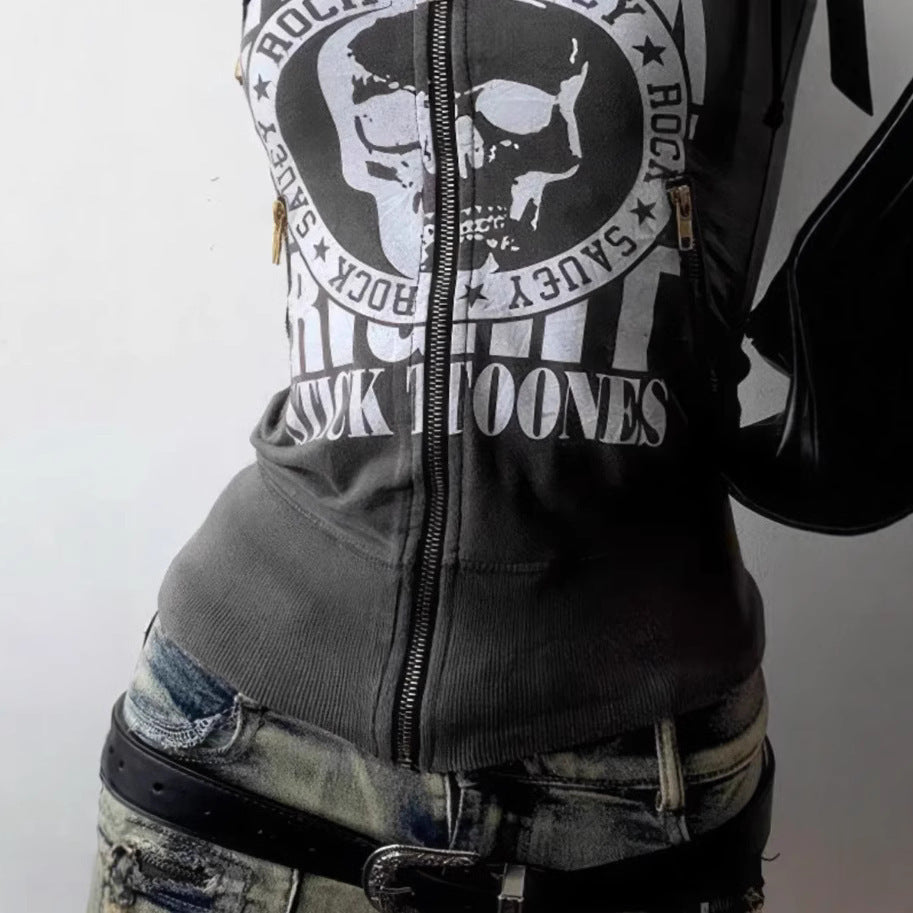 Autumn And Winter Hooded Long-sleeve Zipper Skull Letter Print Sweatshirt