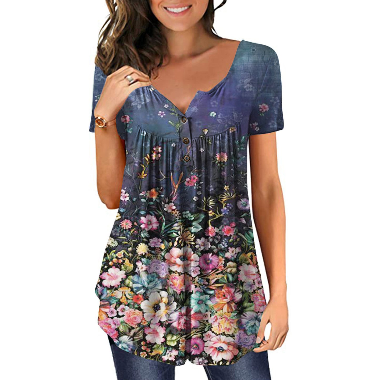 New Plus Size Printed Deep V Pullover Women's T-Shirt