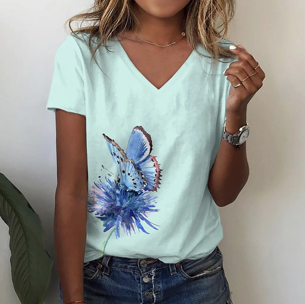 Fashion Butterfly Print Amazon V-neck Short Sleeve