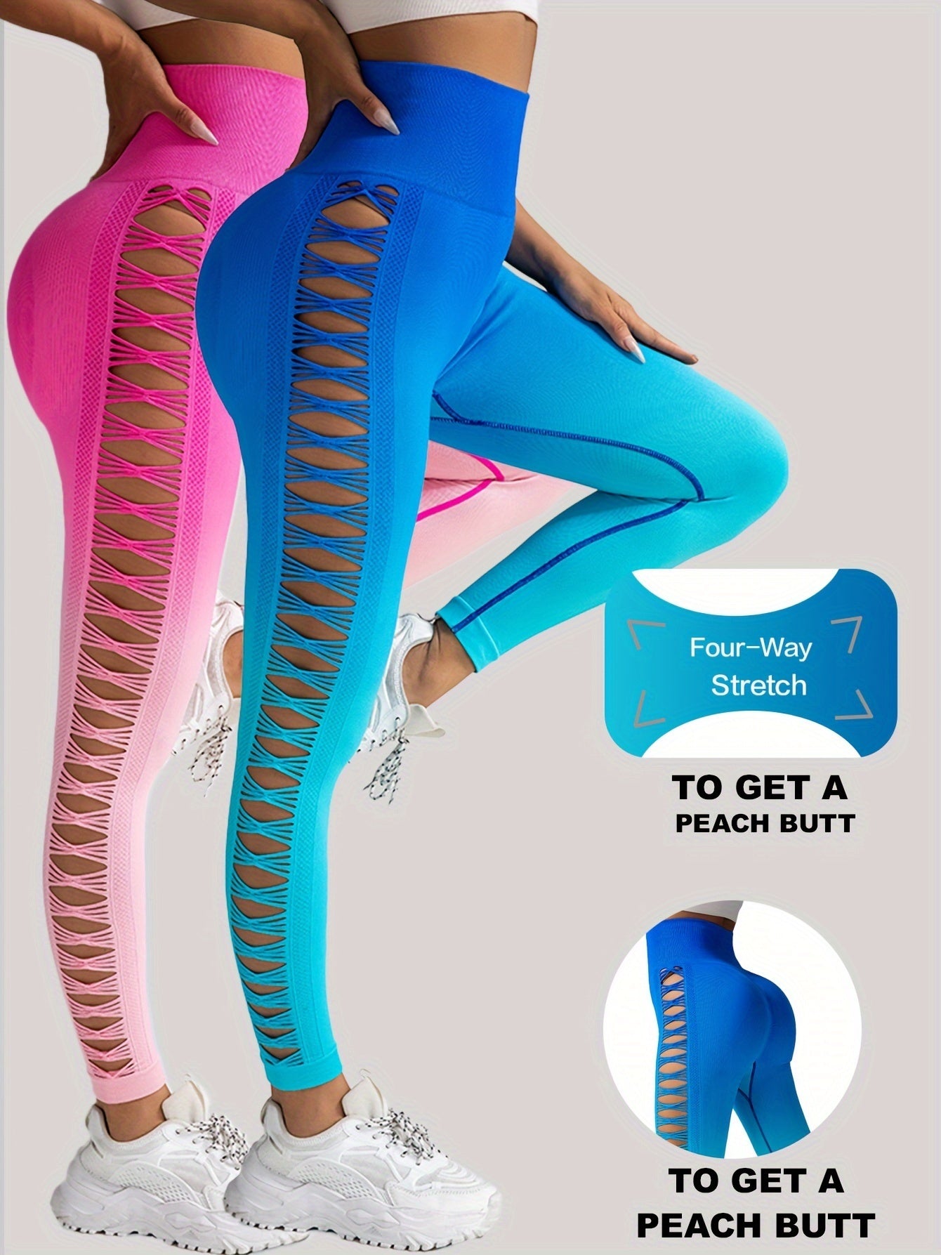 2 Pack Cut Out Ombre Gradient Color Hollow High-waist Butt-lifting Fitness Women's Yoga Pants, Women's High Waist Yoga Pants Cutout Ripped Super Soft And Comfortable Skinny