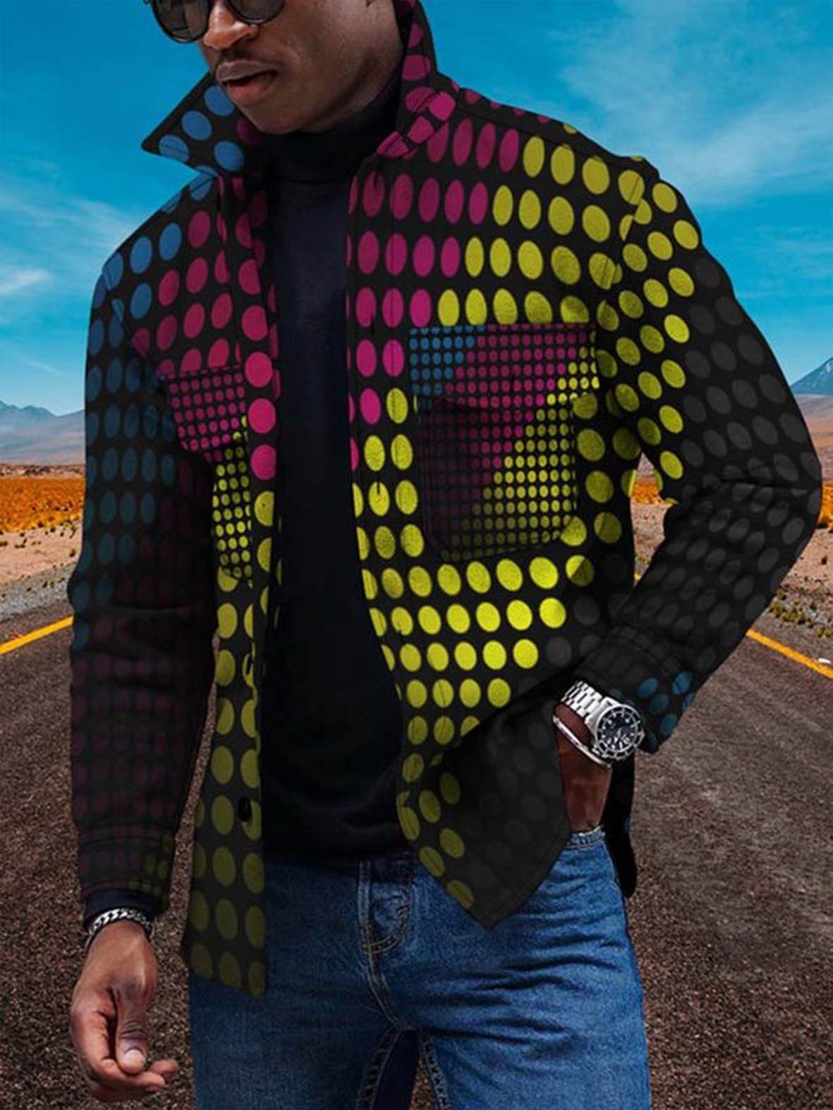 New Colorful Gradual Change 3D Button Cardigan Digital Print Coat