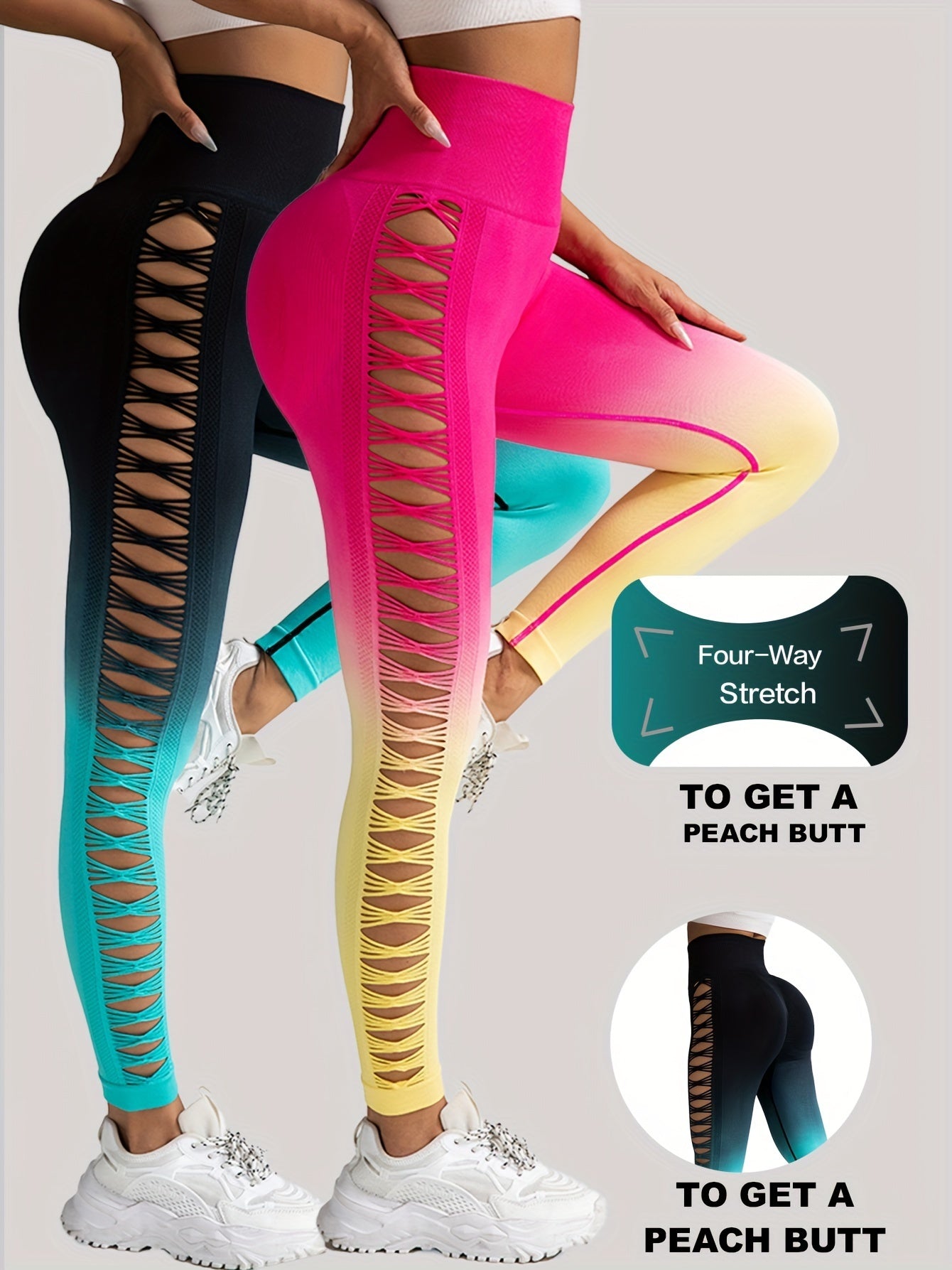 2 Pack Cut Out Ombre Gradient Color Hollow High-waist Butt-lifting Fitness Women's Yoga Pants, Women's High Waist Yoga Pants Cutout Ripped Super Soft And Comfortable Skinny