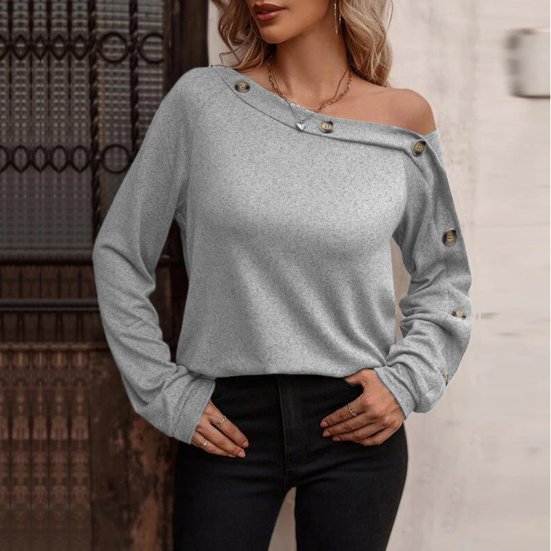 European And American New Women's Fashion Button Off Shoulder Top