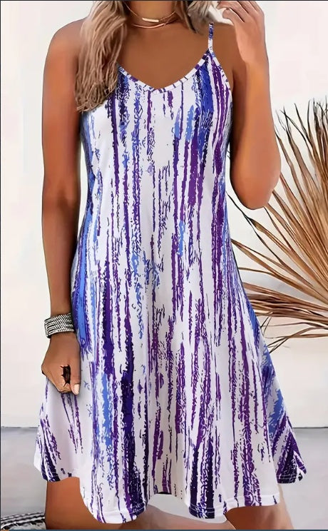 Summer Vintage Floral Print Spaghetti Suspender Dress For Women, Shoulder-Baring