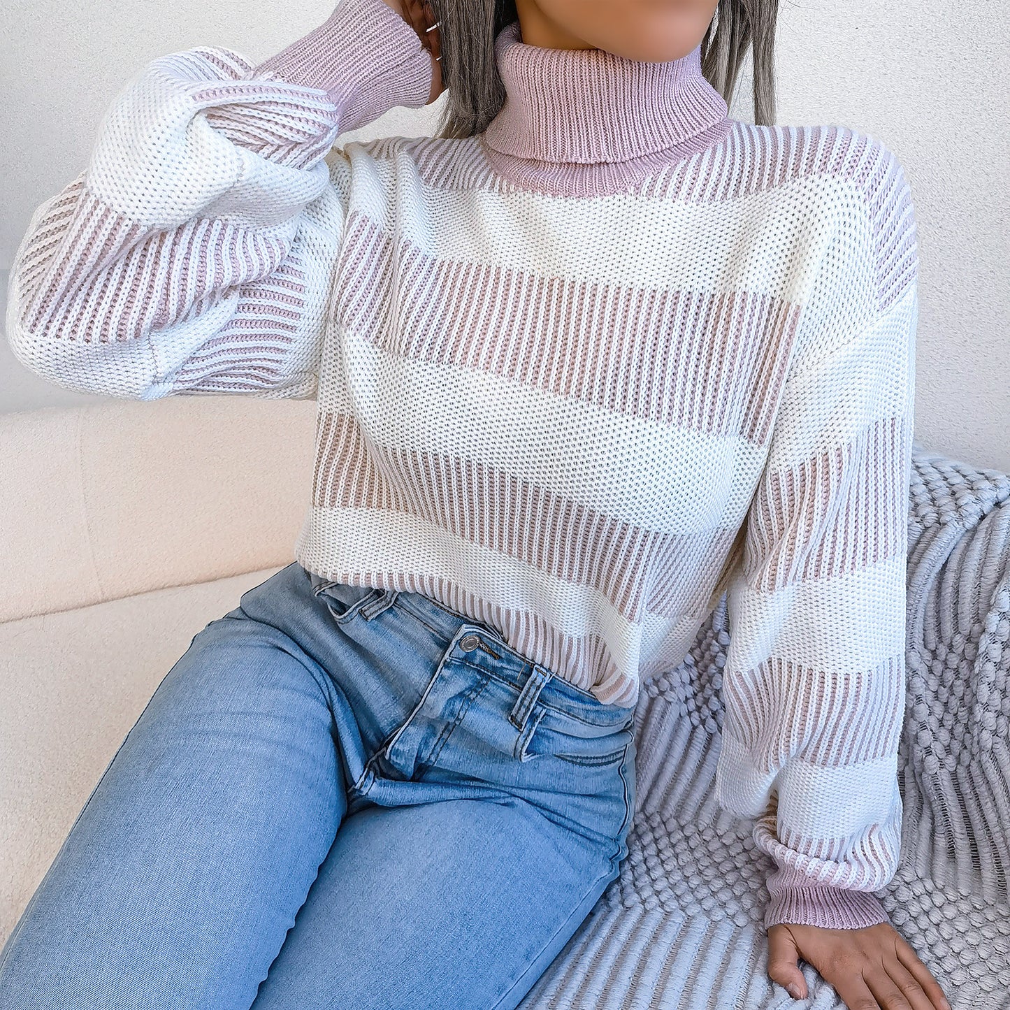 European And American Street Stripe Lantern Sleeve High Neck Bottoming Sweater